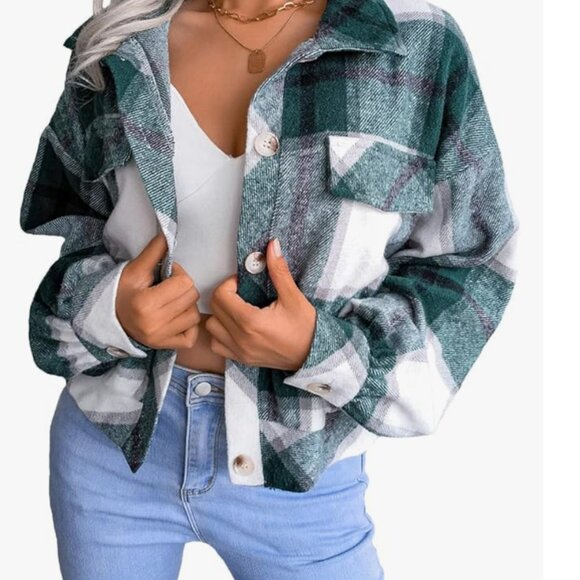 Women's Size L Green Plaid Shacket Wool Blend Long Sleeve Shirt Button Down Casu - Picture 6 of 7